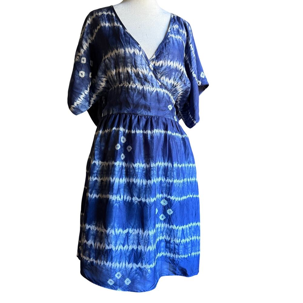 CALYPSO St. Barth Blue Shibori Tie Dye Silk Stripe Kimono Sleeve Dress Small